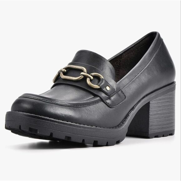 Women’s Black Chunky Heel Loafers Size 6M Gold Chain Block Heel Lug Sole - Picture 1 of 12